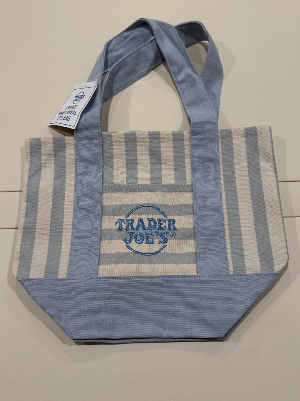 **LIMITED EDITION Trader Joes Mini Tote Stripe in Pastel Blue